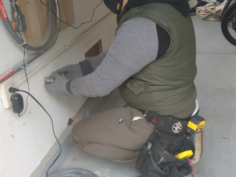 Electrician performing outlet wiring in a Belpre garage